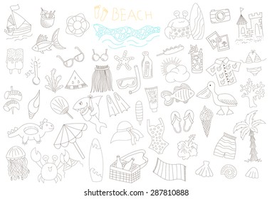 vector set of doodle summer elements isolated on white background