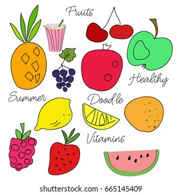 Vector set of doodle summer tropical fruits. Colorful illustration.