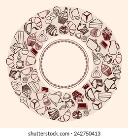 Vector set of doodle sweet cake, candies, cups and teapot with space for your text