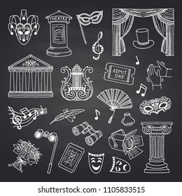 Vector set of doodle theatre elements on black chalkboard illustration. Entertainment show and acting, play drama, ticket to opera blackboard