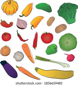 vector set of Doodle vegetables with a contour. the colorful vegetables to design.