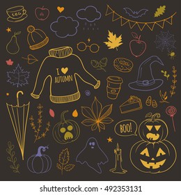 vector set of doodles with autumn related objects: yellow leaves, pumpkins, umbrellas, warm sweater