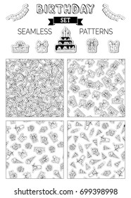 Vector set of doodles birthday seamless patterns. Gift, birthday cake and hat, firework, cupcake, lollipop, music note and drink. 80s-90s style design. Stickers, patches, embroidery and sticky labels.