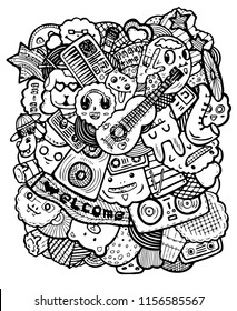 Vector set of doodles black and white print, doodles music party