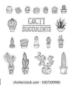 Vector set of doodles cactus and succulent icons. Hand-drawn cactuses and succulents in flower pots and cups with prickles and flowers. Black and white. Can be used to colouring book for adults.