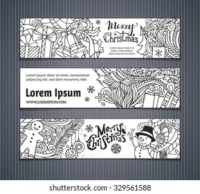 Vector set of doodles Christmas banners. Christmas tree and baubles, Santa sock, hat and beard, mistletoe, gift boxes, snowman, swirls and hand-written text, gingerbread man, bells and ribbons.