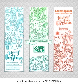 Vector set of doodles Christmas banners. Three vertical templates for your festive design. Christmas outlined decorations and hand-lettering. There are places for your text. 