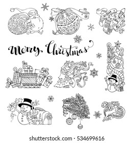 Vector set of doodles Christmas decorations and design elements. Christmas tree and baubles, Santa with sack, snowman, Santa socks, gifts, snowflakes, swirls and ribbons isolated on white background.