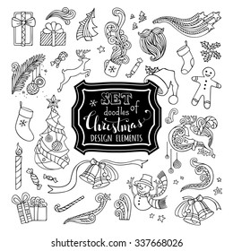 Vector set of doodles Christmas design elements. Christmas tree and baubles, Santa sock, hat and beard, gifts, candy canes, snowman, swirls, gingerbread man, deer, bells and ribbons, holly berries.
