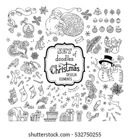 Vector set of doodles Christmas symbols, decorations and design elements on white background. Christmas baubles, Santa, sack, snowman, gingerbread man, Santa socks, gifts, snow globe, poinsettia