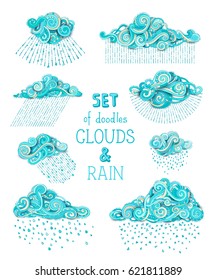 Vector set of doodles clouds and rain. A lot of various cartoon ornamental clouds and rain drops isolated on white background.