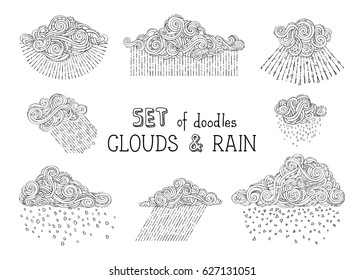 Vector set of doodles clouds and rain drops. Sketch of rain clouds isolated on white background. Hand-drawn swirls, strokes, spirals and curls. Black and white duotone illustration.