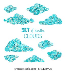 Vector set of doodles clouds. A lot of various clouds isolated on white background. Hand-drawn swirls and patterns.