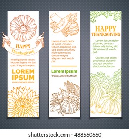 Vector set of doodles colourful Thanksgiving banners. Pilgrim's hat, pumpkin, corn, wheat, sunflower, apple, pear, acorn, ribbon, autumn leaves. Copy space for your text. Hand-drawn outlined elements.