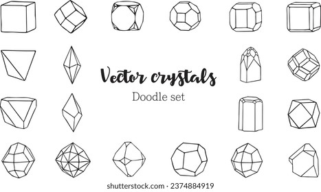 Vector set of doodles with crystals. Gemstones, diamonds and crystals. Collection of doodles with crystals. Set of icons with gemstones isolated on white background. Crystal, quartz, gemstones. 