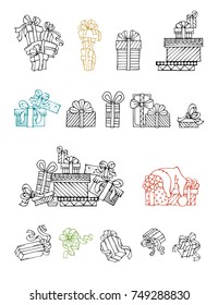 Vector set of doodles festive gifts. One, two and more presents. A heap of gift boxes. Hand-drawn outlined icons isolated on white background.