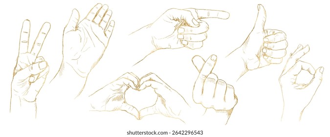 Vector set doodles in the form of a golden hands gesture, highlighted on a white background. The texture of writing materials. Handwritten drawings and pencil strokes.