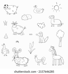 Vector set of doodles funny farm animals.