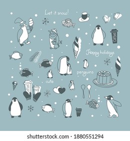 Vector set of doodles of funny penguins, ice cream, cake, mittens and snowflakes on a blue background.