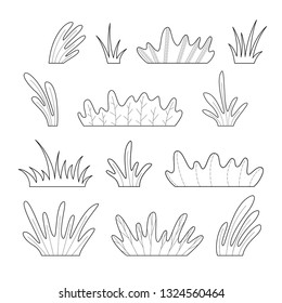 Vector set of doodles grass for your design. Summer design elements isolated on a white background. Hand-drawn black and white nature illustration. Can be used for a coloring book for adults.