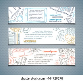 Conjunto vectorial de carteles horizontales de los lugares de trabajo. Cuadros coloridos de artilugios y útiles de oficina sobre fondo blanco. Vista superior. Elementos de diseño para el trabajo y la educación.