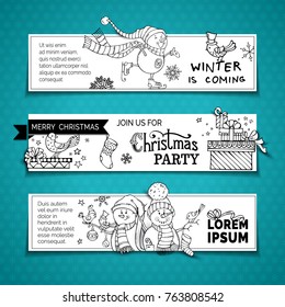 Vector set of doodles horizontal Christmas banners. Cute hand-drawn snowmen with skates, Christmas baubles and sock, birds. Gift boxes, snowflakes and stars. Black and white backgrounds.