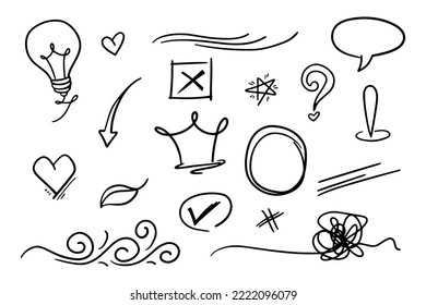 Vector set of doodles, lights, arrows, swirls, stars, love and others, for concept design.