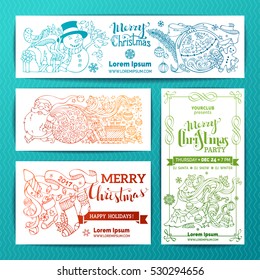 Vector set of doodles Merry Christmas banners. Christmas decorations, Christmas tree and baubles, Santa with sack, Santa socks, gifts, gingerbread man, snowman with garland, hand-written lettering.