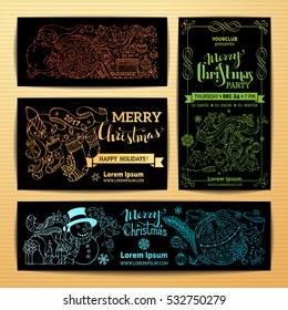 Vector set of doodles Merry Christmas banners. Christmas decorations, Christmas tree and baubles, Santa with sack, Santa socks, gifts, snowman with garland, hand-written lettering on black background.