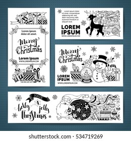 Vector set of doodles Merry Christmas banners. Black and white Christmas decorations, Santa with sack and gifts, snowman with garland, deer, music notes, snow globe, candy cane, hand-written lettering