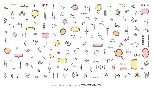 Vector set of doodles. Modern doodles, speech bubble, sparkle, burst, emphasis, star, heart, arrow, various expressions. Cartoon doodles set. Cute expression signs.