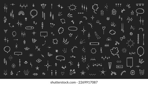 Vector set of doodles. Modern doodles, speech bubble, sparkle, burst, emphasis, star, heart, arrow, various expressions. Cartoon doodles set. Cute expression signs.