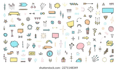 Vector set of doodles. Modern doodles, speech bubble, sparkle, burst, emphasis, star, heart, arrow, various expressions. Cartoon doodles set. Cute expression signs.