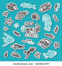 Vector set of doodles ocean patches, stickers, embroidery and sticky labels.Cute patch badges and pins with doodles fish, sea plants, jellyfish, corals and algae, shells and starfish. 