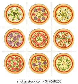 Vector set with doodles on the theme of pizza, fast food. Vector templates. Illustrations for use in design