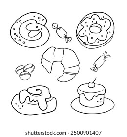 
Vector set of doodles, pastries, pretzel, cake, croissant, wrapped candy, donut, buns, coffee beans. Isolated outline illustration on white background. Design element for menu, logo, banner