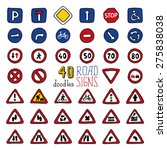 Vector set of doodles road signs. Hand-drawn design elements isolated on white background. 