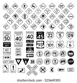 Vector set of doodles road signs. Hand-drawn traffic sign icons in the United States isolated on white background.