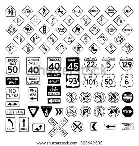 Vector set of doodles road signs. Hand-drawn traffic sign icons in the United States isolated on white background.