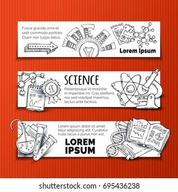 Vector set of doodles science horizontal banners. Chemistry and laboratory research symbols. Dna, molecules, books, test-tubes, microscope and other objects. Black and white outlined illustration.