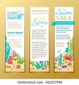 Vector set of doodles sea life vertical banners. Various fish, starfish, crab, shell, jellyfish, seaweed, bottle with a letter and key on the bottom. There is place for your text on white paper.