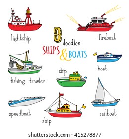 Conjunto de vectores de los buques y los barcos de pedófilos. Varios barcos náuticos hechos a mano aislados de fondo blanco. Relámpagos, barcos de bomberos, barcos de pesca, veleros, veleros y lanchas a motor.