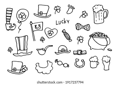 vector set of doodles for St. Patrick's Day on March 17. isolated elements of the Irish leprechaun festival legs beer shamrock hat pot of gold pipe hand drawn black outline on white background