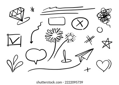 Vektorset aus Doodles, Starburst, Diamant, Lichter, Pfeile, Schwenken, Sterne, Liebe und andere, für Concept Design.