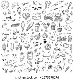 Vector  set of doodles of sweet food. Sweet dessert and food art elements for kitchen or menu. Ice cream, bakery, lolly pop, cake, tea, chocolate, honey, donut, croissant, pancakes hand drawn