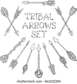 Vector set of doodles tribal arrows isolated on white background. Ethnic arrows sketch illustration. Boho and hippie hand-drawn style.