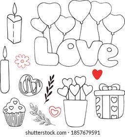 Vector set of doodles for Valentine's day. Hearts, gifts, sweets. Graphics. Doodle. Hand drawn