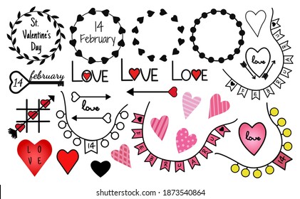 Vector set of doodles for Valentine's Day. Doodles by February 14 isolated on a white background. Hand-drawn hearts, frames, Cupid's arrows, garlands. Great for postcards, gifs, stickers