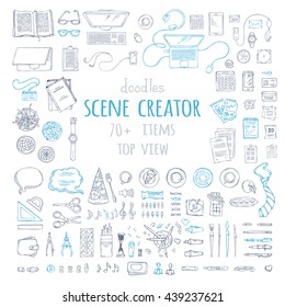 Vector set of doodles work place gadgets and stationery. Hand-drawn design elements isolated on white background. 70+ items. Top view. Work and education. Stationery, gadgets, food and plants.