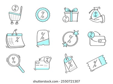 Vector conjunto de iconos de descuento de estilo doodle, con Elementos dibujados a mano como símbolos porcentuales, Cupones de venta al por menor y diseños de arte de línea incompletos.